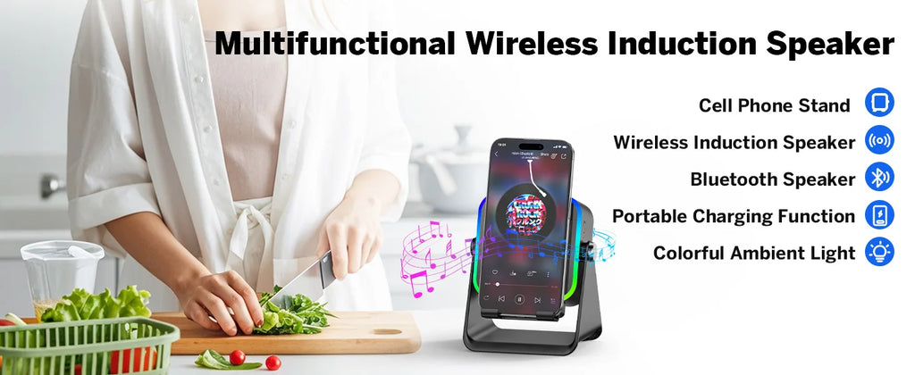 NEW 5 In 1 Auto-induction Wireless Induction Speaker 8 Mode RGB Light Phone Stand Surround Sound Portable Bluetooth Phone Holder