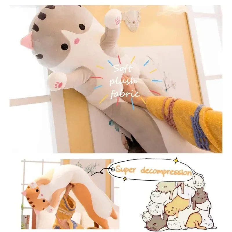 Long Cat Plush Body Pillow Creative Cute Animal Stuffed Cushion Soft Sofa Decorative Throw Pillow Large Sleeping Cushion Decor