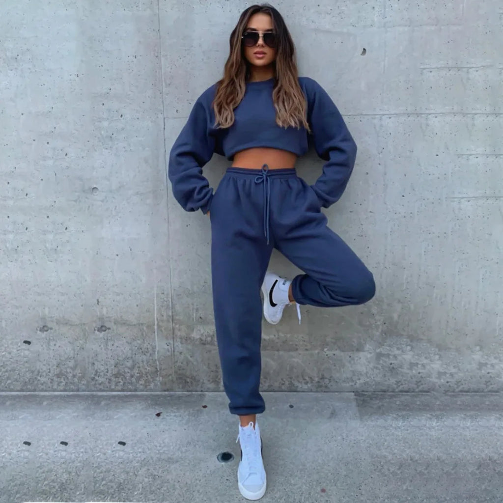 Осение Женские Костюмы Women's Winter Warm Suit Round Neck Solid Color Long Sleeve Pullover Sweatshirt Sweatpants Штаны Женские