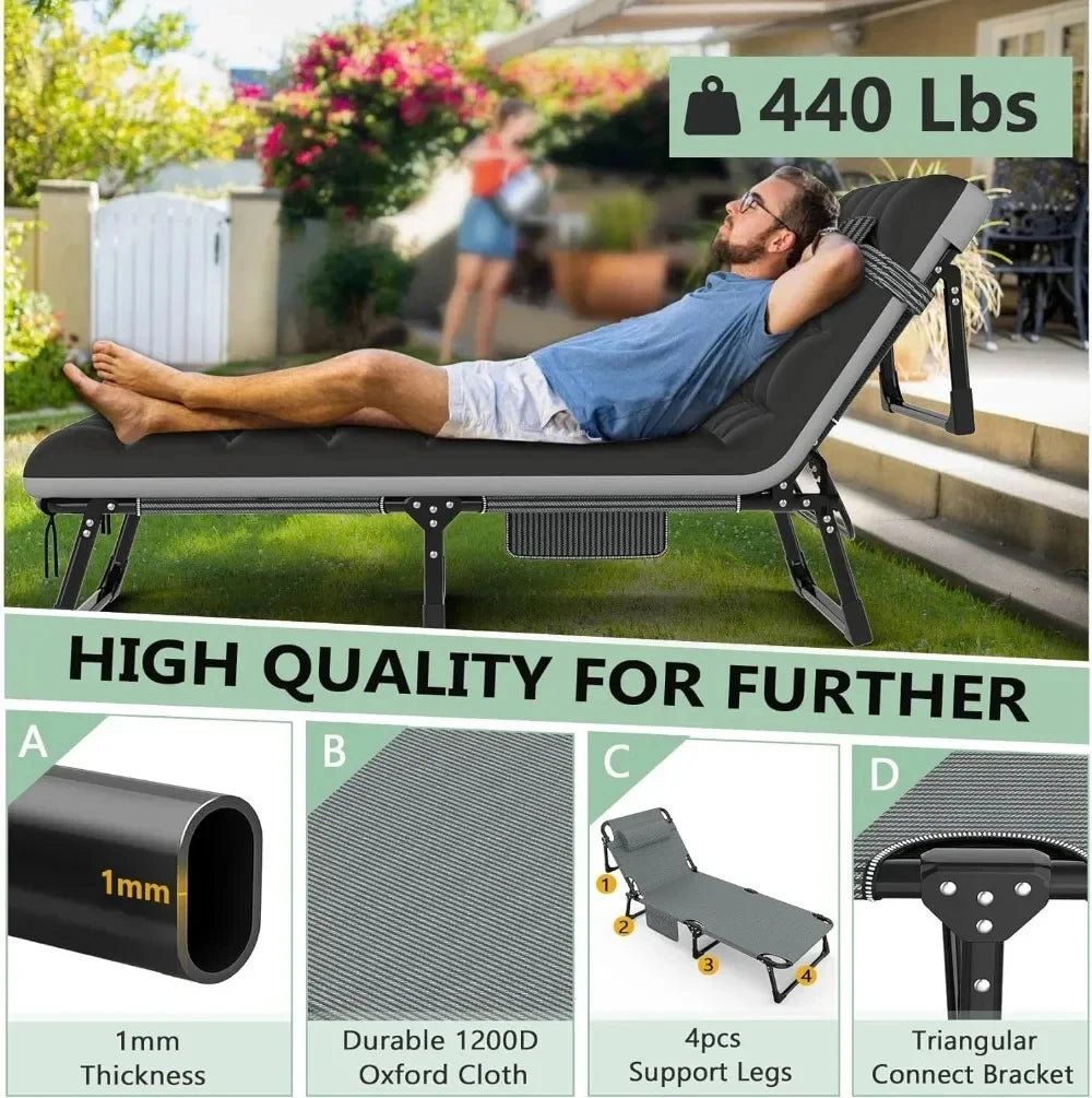 3 in 1 Folding Camping Cot Bed, 5 Positions Adjustable Patio Chaise Chair, Portable Sleeping Cots for Adults Large Size