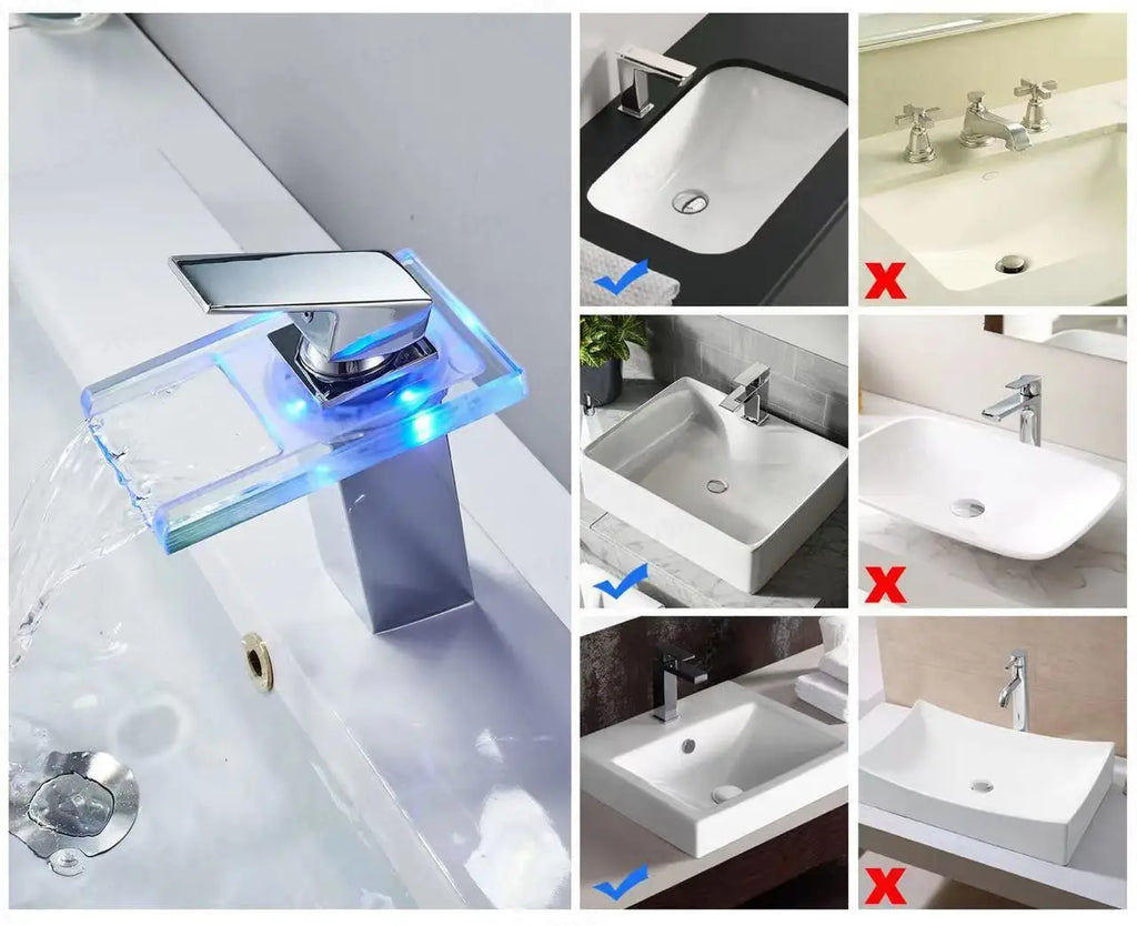 Luxury LED Color Changing Waterfall Basin Sink Faucet Led Light Polished Tap Basin Deck Mounted Sink Mixers 3 Colors Change