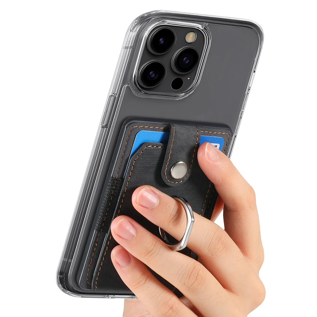 Phone Holder Wallet Case Card Slot Holder PU Leather Back Sticker Adhesives With Ring Stand For Mobile Phone iPhone Samsung