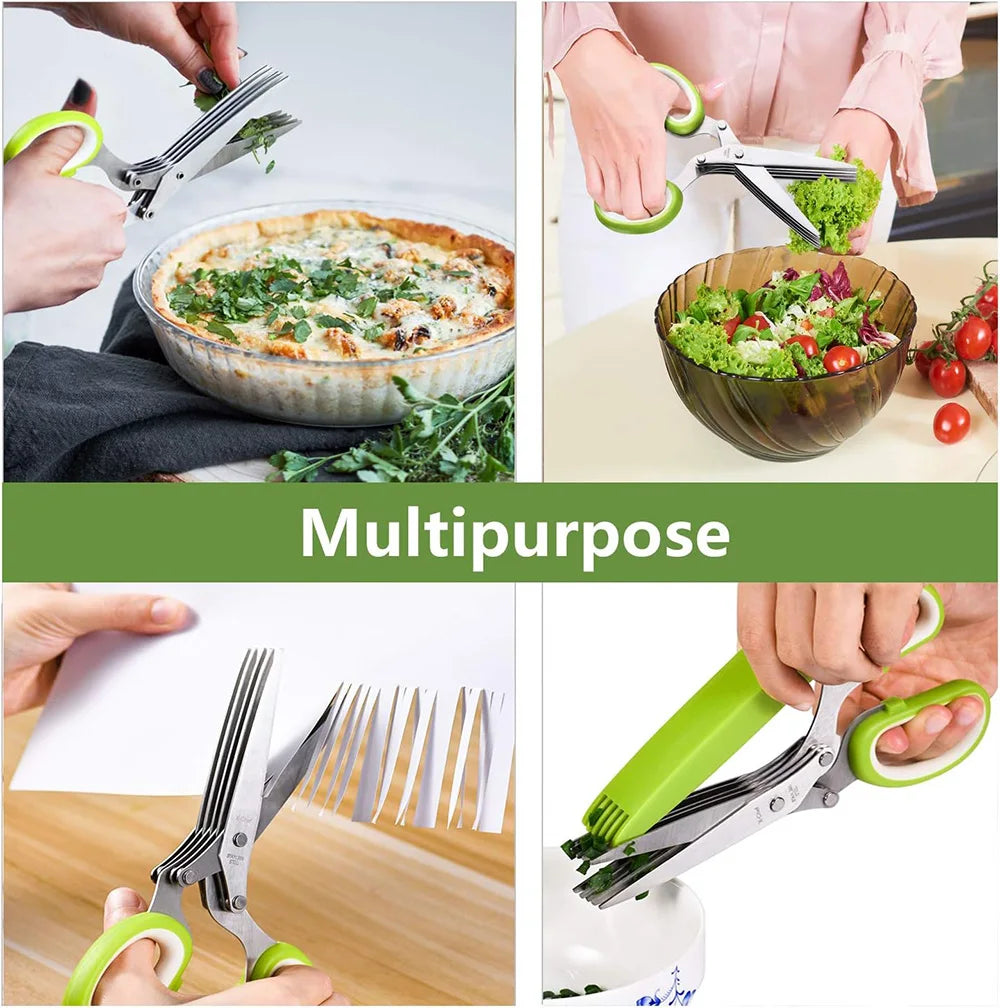Herb Scissors  Stainless Steel 5 Blade Kitchen Shears Household Vegetable Cutter with Cover Multifunctional Kitchen Gadgets