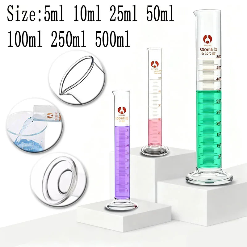 1PCS Lab Measuring Cylinder Set 5ml 10ml 25ml 50ml 100ml 200ml 500ml, Thick Glass Graduated Cylinder Kit for Laboratory Supplies