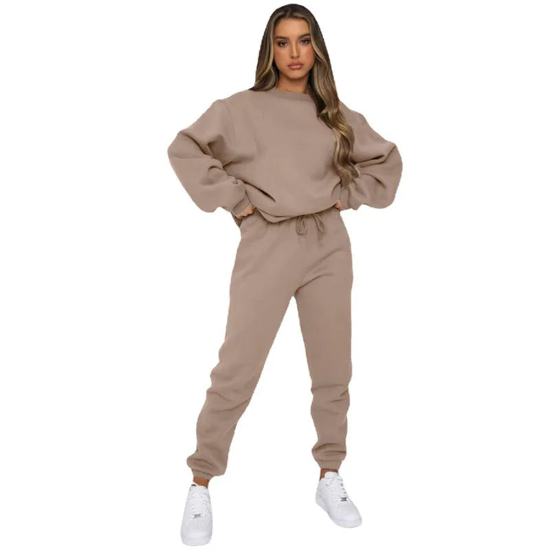 Осение Женские Костюмы Women's Winter Warm Suit Round Neck Solid Color Long Sleeve Pullover Sweatshirt Sweatpants Штаны Женские