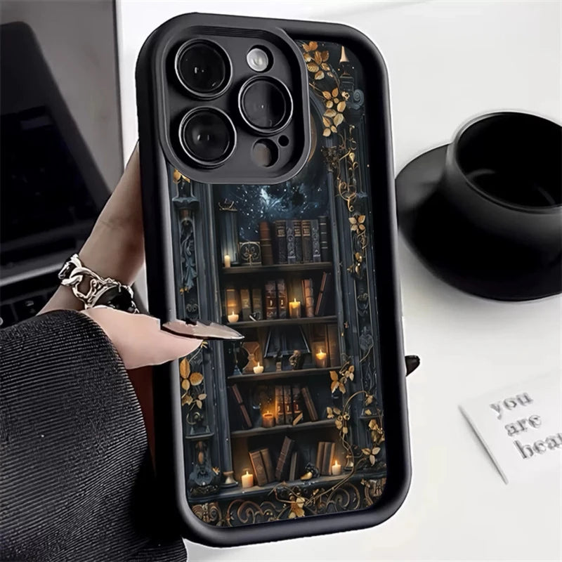 Creative Bookshelf Phone Case for iPhone 16 15 14 13 12 11 Pro Max Mini XR XS X 7 8 6 6s Plus Soft TPU Back Cover
