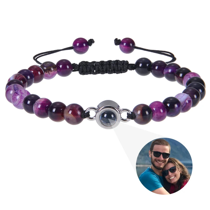 6mm Natrual Stone Custom Photo Projection Bracelet Personalized Beads Bracelets For Women Men Couples Anniversary Jewelry Gift