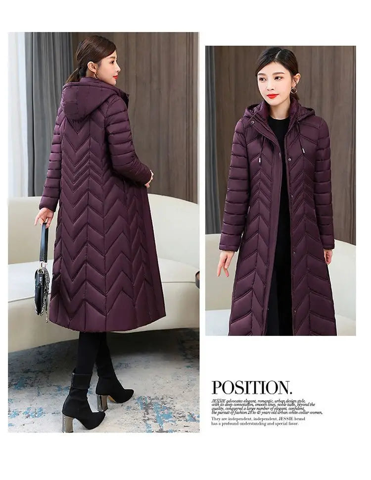 2025 NEW Winter Hooded Down Jacket 5XL Women's Warm Parka Fashion Down Cotton Women Long Coat Slim Temperament Female Overcoat