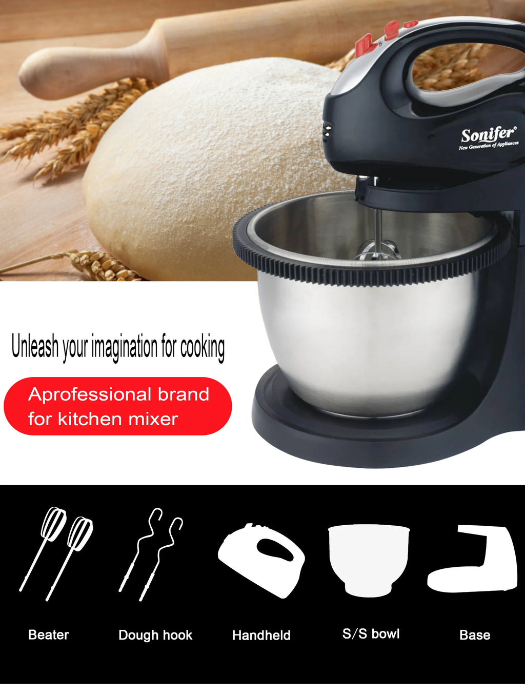 Stand Mixer Professional Kitchen Aid Chef Machine 250W Food Blender Cream Whisk Cake Dough Mixers With 3L Bowl Charm Sonifer
