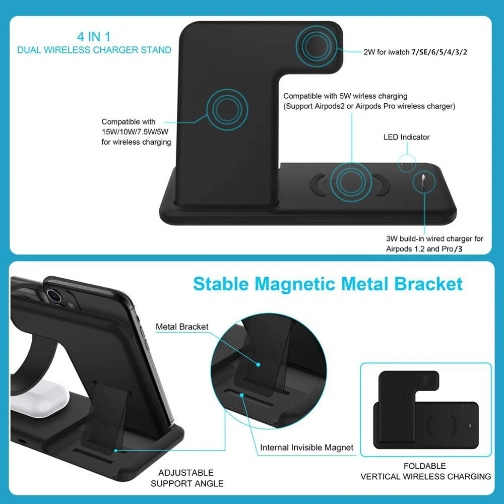 15W Fast Wireless Charger Stand For iPhone 15 14 13 12 11 8 Apple Watch 4 in 1 Foldable Charging Station for Airpods Pro iWatch