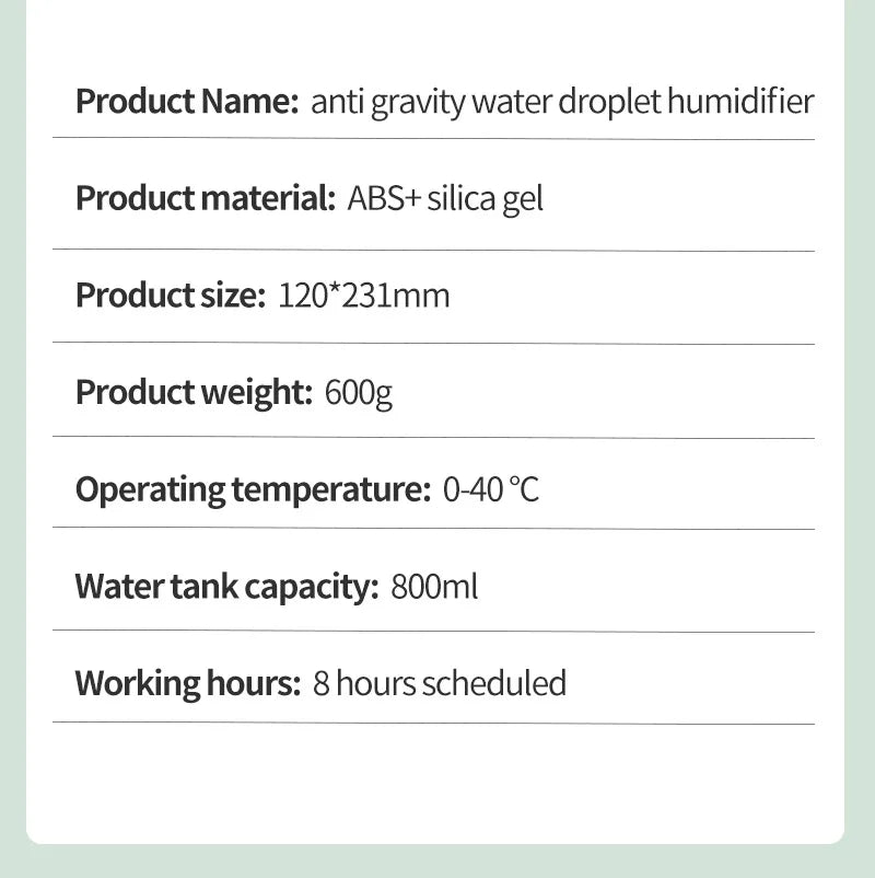 Water Droplet Air Humidifier 800ml Anti-gravity Essential Oil Diffuser Night Light Weightless Sprayer Decorations Desk Lamps