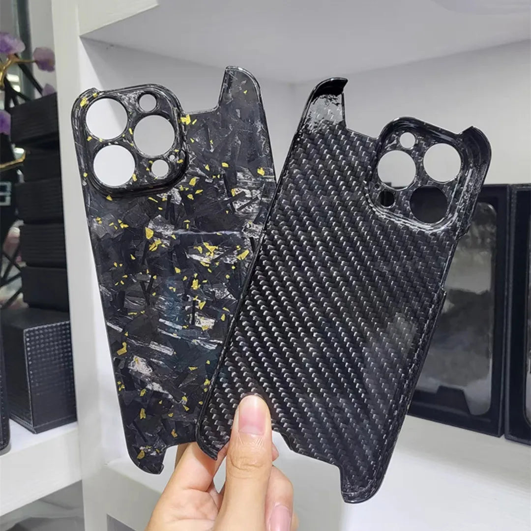 Glossy Forged Ultra Thin Genuine Pure Carbon Fiber Cover For iPhone 15 14 16 Pro Max Glitter Bling Irregular Shockproof Case