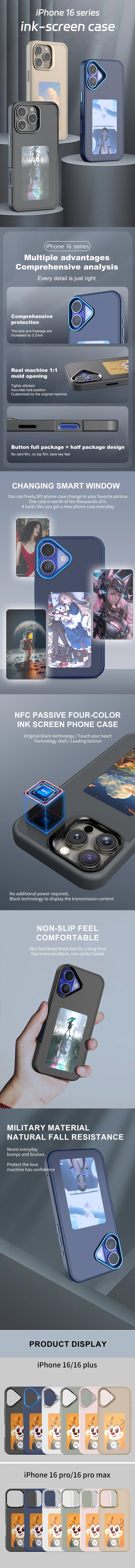 E-ink Screen Image Transmission NFC For 16 Pro Max Iphone Case 4 Color For Iphone 13 14 15 16 17 Pro Max DIY Cases Battery Free