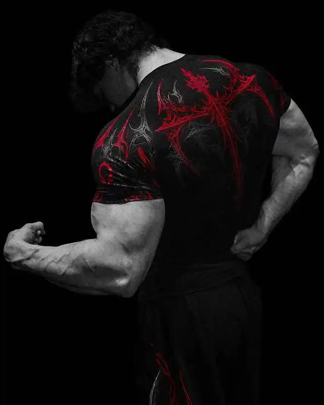 GYM T-shirt Men's Dark Gothic Print Muscle Tee  High Elasticity And Quick Drying Exercise For Bodybuilding Training 2025 Summer