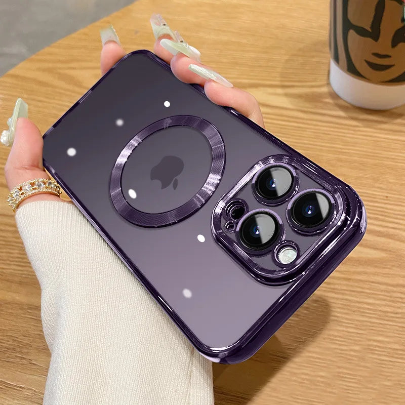 Magnetic Plating Case For iPhone 15 16 14 17 13 12 11 Pro Max Air Camera Lens Protector Glass For Magsafe Wireless Charger Cover