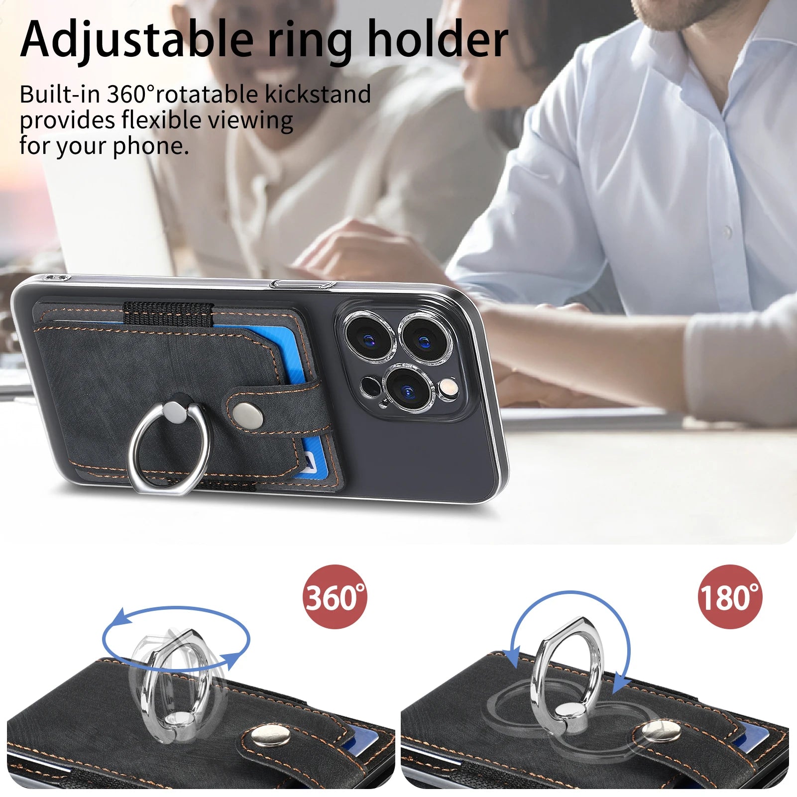 Phone Holder Wallet Case Card Slot Holder PU Leather Back Sticker Adhesives With Ring Stand For Mobile Phone iPhone Samsung