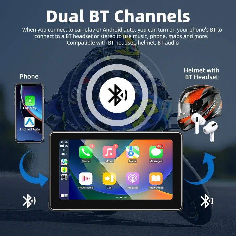 Srnubi 7 Inch Motorcycle Portable Navigation GPS Wireless Carplay Android Auto IP67 Waterproof Motorcycle Touch Screen Display