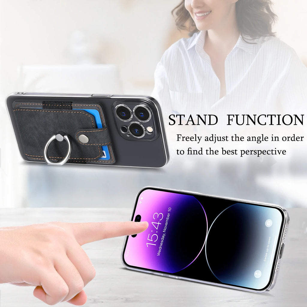 Phone Holder Wallet Case Card Slot Holder PU Leather Back Sticker Adhesives With Ring Stand For Mobile Phone iPhone Samsung