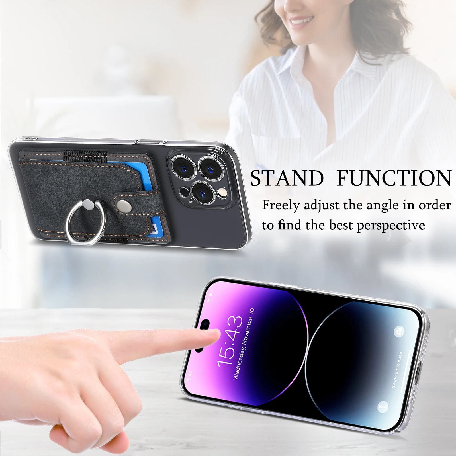 Phone Holder Wallet Case Card Slot Holder PU Leather Back Sticker Adhesives With Ring Stand For Mobile Phone iPhone Samsung