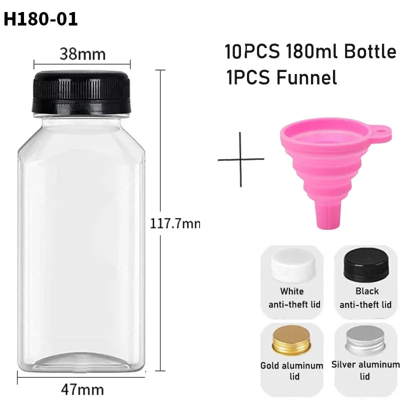 10pcs 60ML-500ML Clear Empty Plastic Juice Bottles with Caps Reusable Water Bottle Juicing Smoothie Containers W/ Funnel