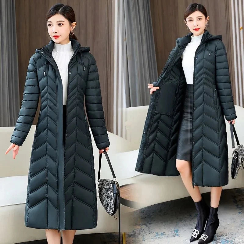 2025 NEW Winter Hooded Down Jacket 5XL Women's Warm Parka Fashion Down Cotton Women Long Coat Slim Temperament Female Overcoat