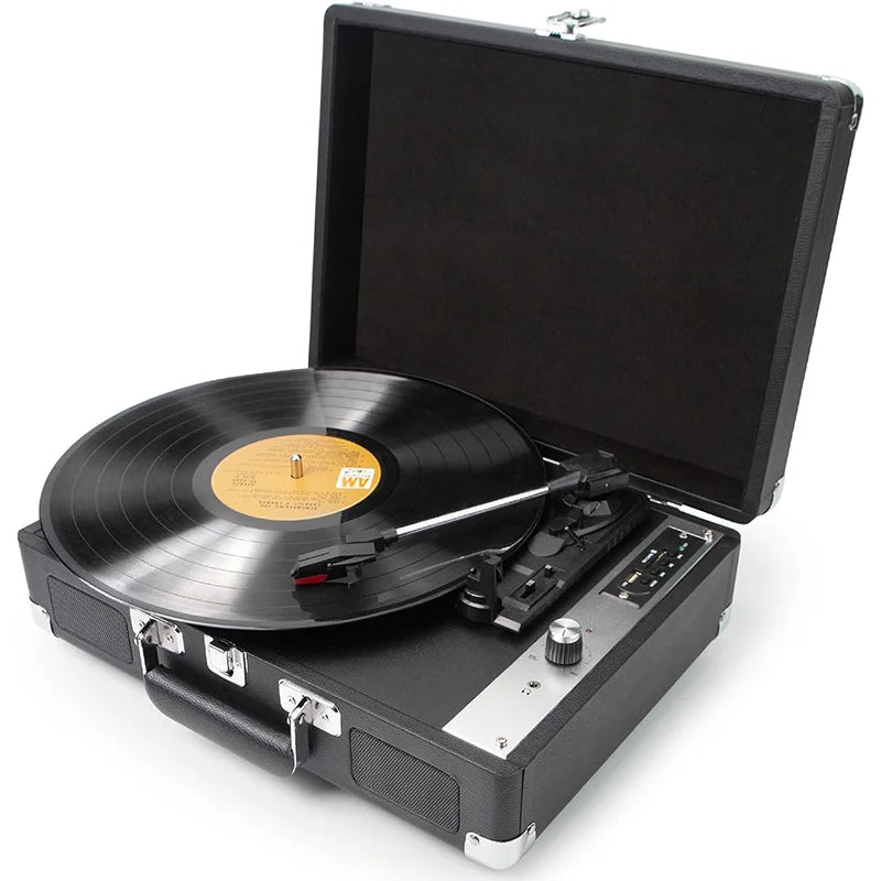 Vinyl Record Player P01，3-Speed Bluetooth Suitcase Portable Belt-Driven Record Player with Built-in Speakers RCA Out AUX in