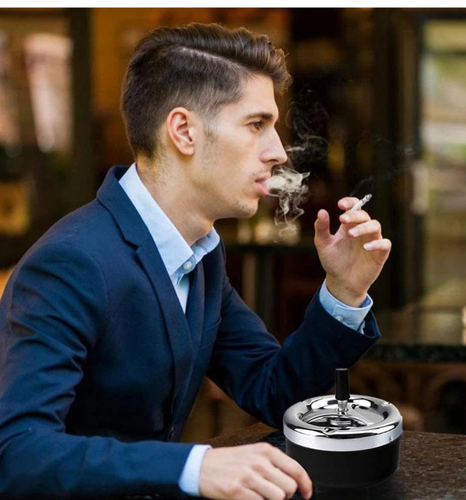 Cool Ashtray Stainless Steel Push Down Spinning Ashtray Self-Cleaning Ashtray With Lid Cover Ash Tray for Cigarette Smoking