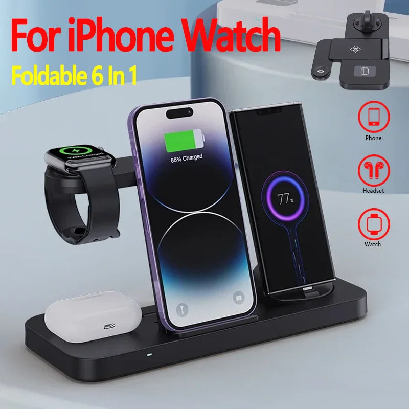 Foldable 6 In 1 Wireless Charger Stand For iPhone 15 14 13 12 11 X Apple Watch 8 7 6 5 4 3 2 Airpods Fast Charging Dock Station