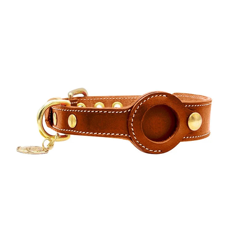 Luxury Genuine Leather Airtags Pet Collar Adjustable Dog Necklace For Puppy Medium Dog Anti-lost Pet Collar With Airtag Holder