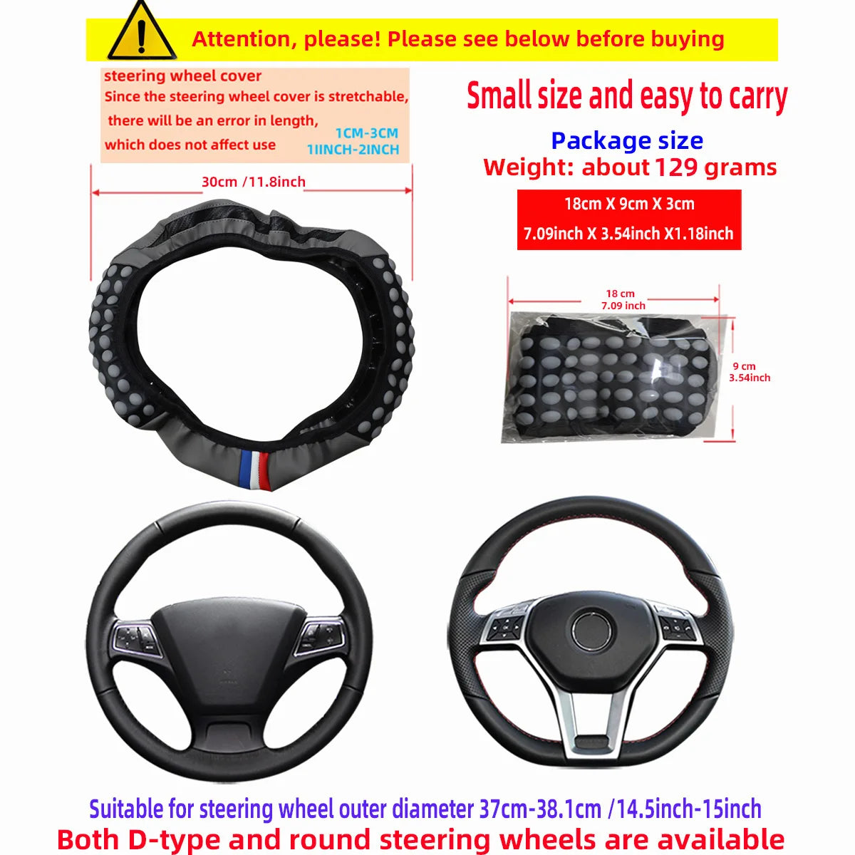 Automotive Products Carbon Tiny Silicone Massage Pellet Leather Steering Wheel Cover without Inner Ring Fits 14.5-15 Inches