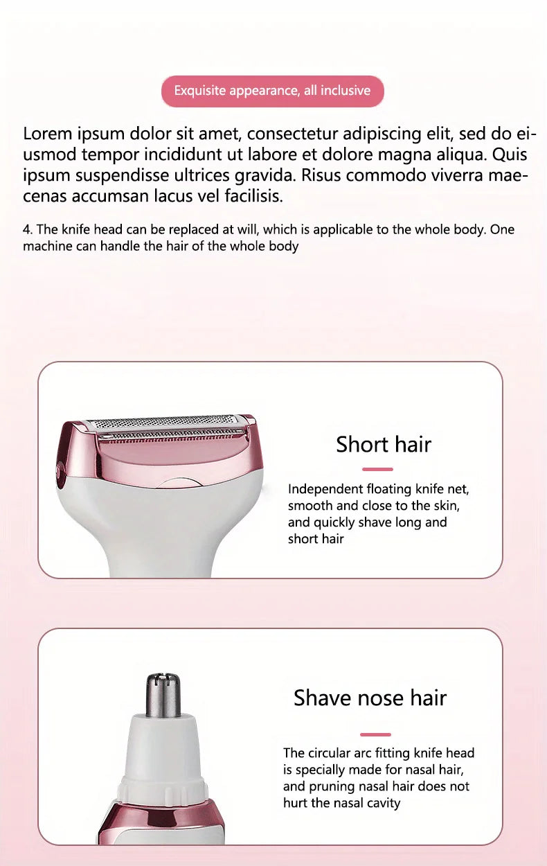 4 in 1 Electric Razor for Women Shaver Lady Shaver Body Hair Trimmer for Armpit Bikini Arm Leg Face Mustache Portable Painless