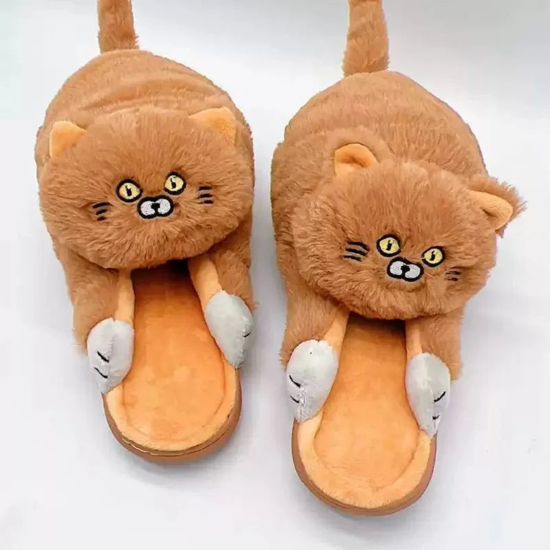 Cuddly Hug Cat Slippers Women Winter Home Fur Slides Kawaii Floor Shoes Furry Slippers Girl Kitty Mules Funny Cute Gift Slippers