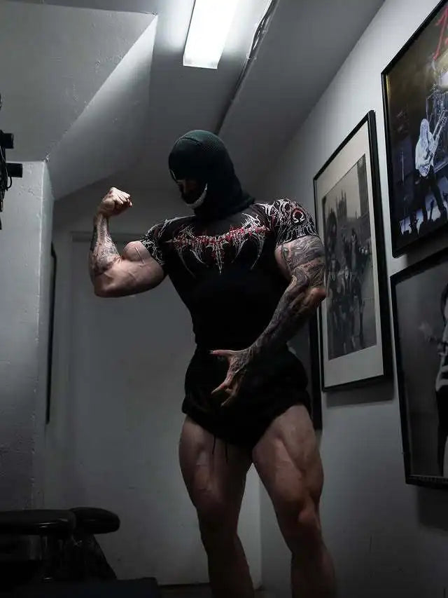 GYM T-shirt Men's Dark Gothic Print Muscle Tee  High Elasticity And Quick Drying Exercise For Bodybuilding Training 2025 Summer