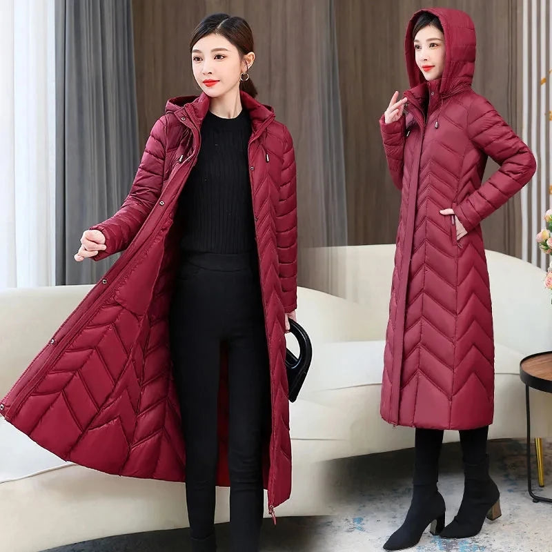 2025 NEW Winter Hooded Down Jacket 5XL Women's Warm Parka Fashion Down Cotton Women Long Coat Slim Temperament Female Overcoat