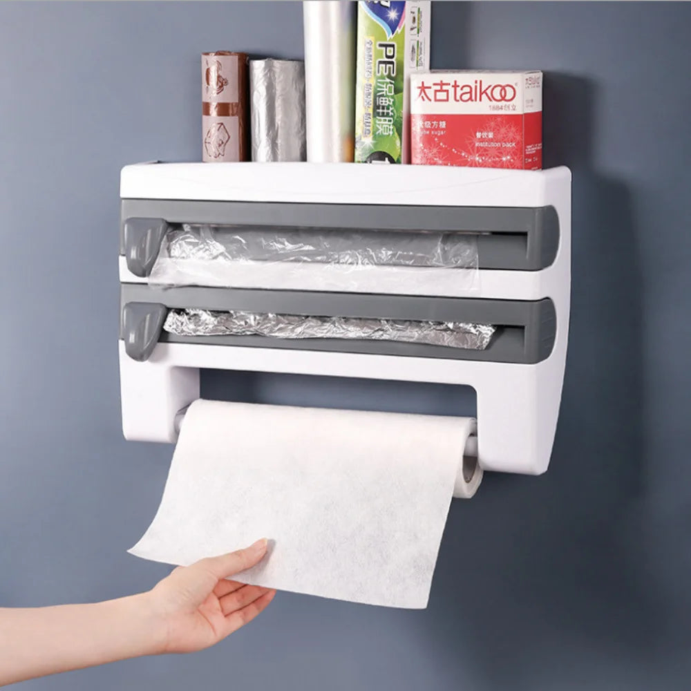 Large Food Cling Film Dispenser 4 In 1 Wall-Mounted Plastic Wrap Cutter Aluminium Foil Dispenser Kitchen Accessories Organizer
