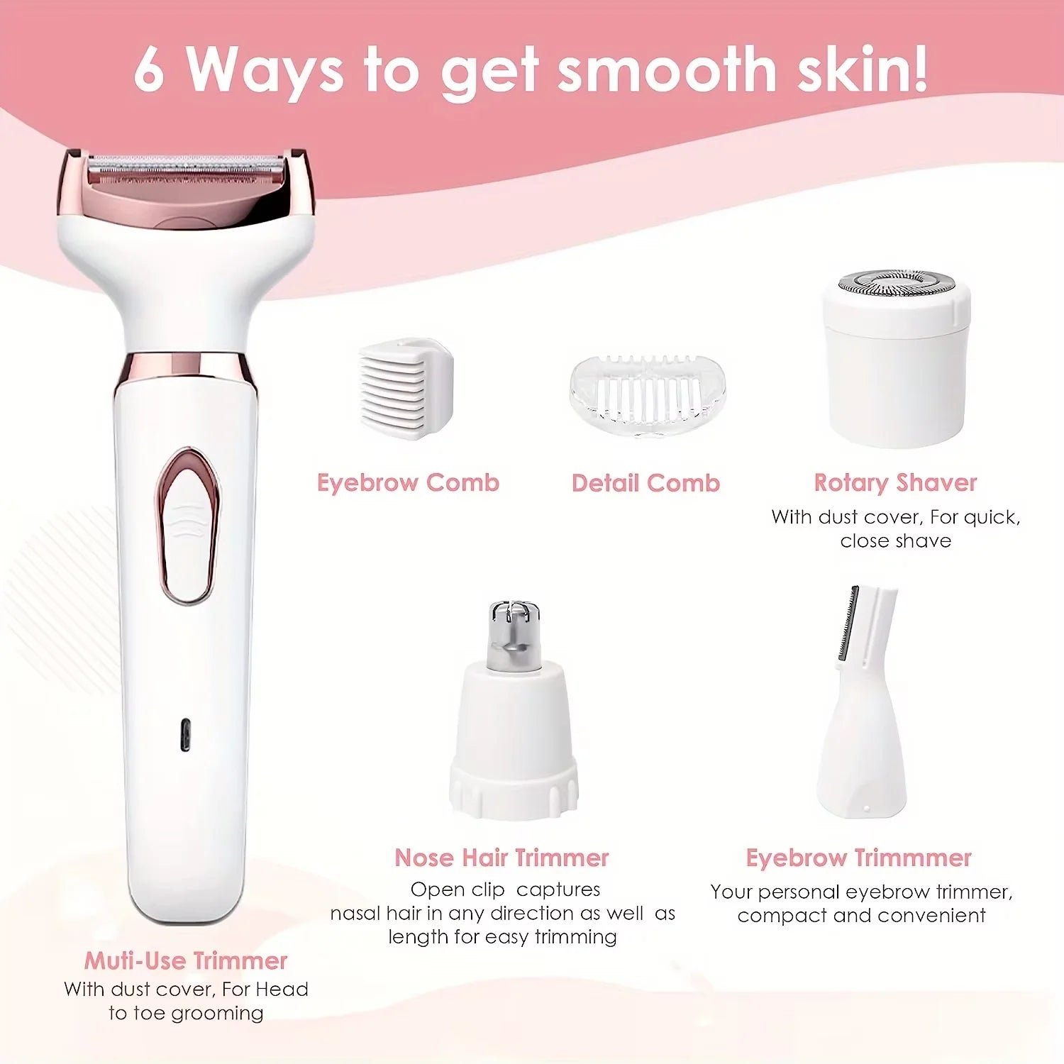 4 in 1 Electric Razor for Women Shaver Lady Shaver Body Hair Trimmer for Armpit Bikini Arm Leg Face Mustache Portable Painless