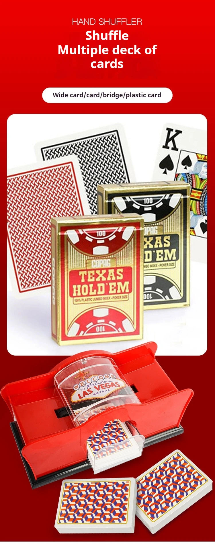 Red/Black Manual Card Shuffler 2 Deck with Hand Crank, Card Shuffler for Blackjack, UNO, Poker, Playing Card Dealer Machine