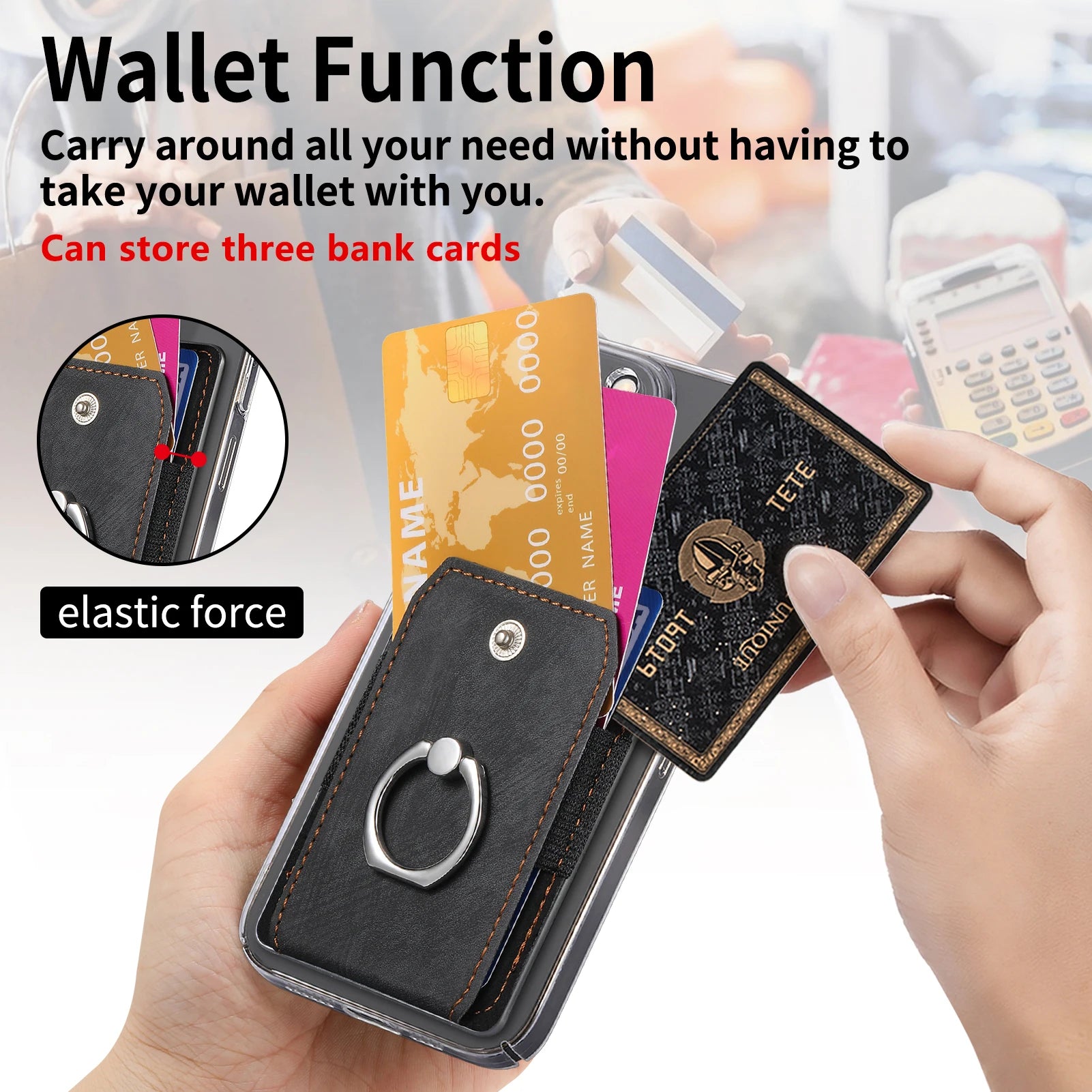 Phone Holder Wallet Case Card Slot Holder PU Leather Back Sticker Adhesives With Ring Stand For Mobile Phone iPhone Samsung