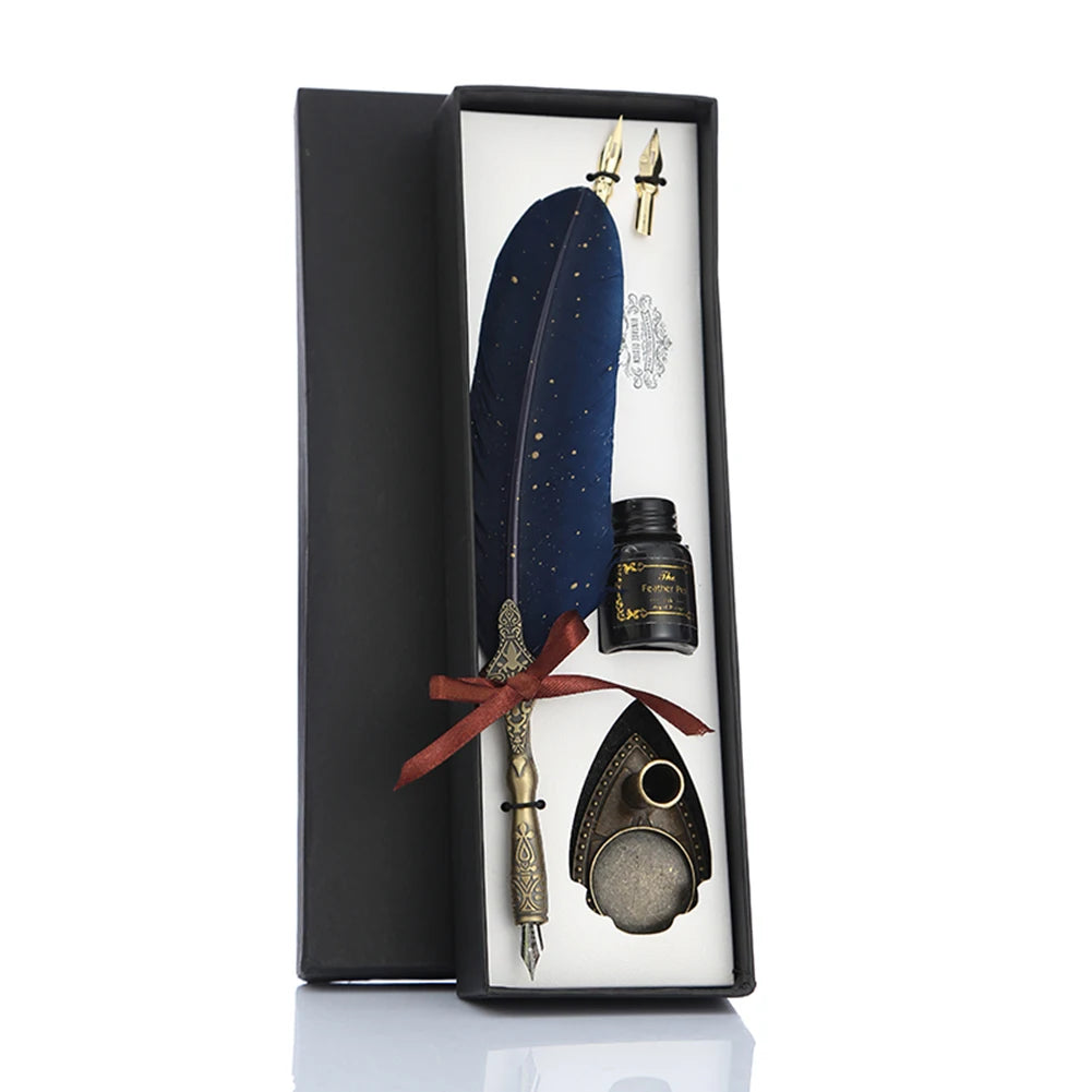 1 Set Retro Calligraphy Feather Dip Pen with 2 Nib Set Quill Fountain Writing Creative Vintage Stationery Gift Box no ink