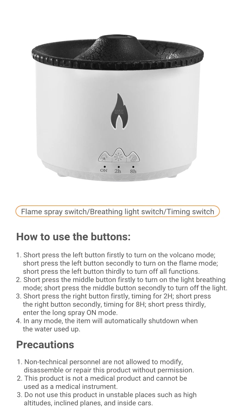 Office Home Desktop Air Humidifier Electric Aroma Essential Oil Diffuser with Flame Lamp Volcano Eruption Fragrance Machine