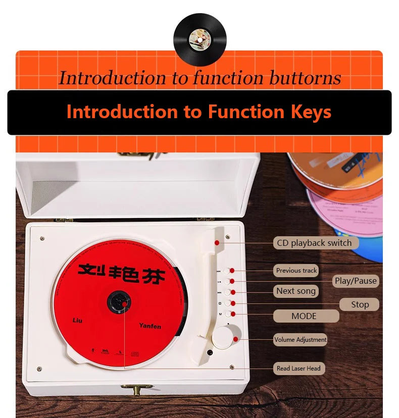 Vintage Leather CD Player Two-way Bluetooth 5.0 Built-in Speaker Portable Rechargeable CD Music Player USB Lossless Player