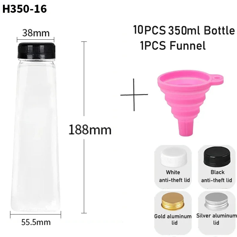 10pcs 60ML-500ML Clear Empty Plastic Juice Bottles with Caps Reusable Water Bottle Juicing Smoothie Containers W/ Funnel