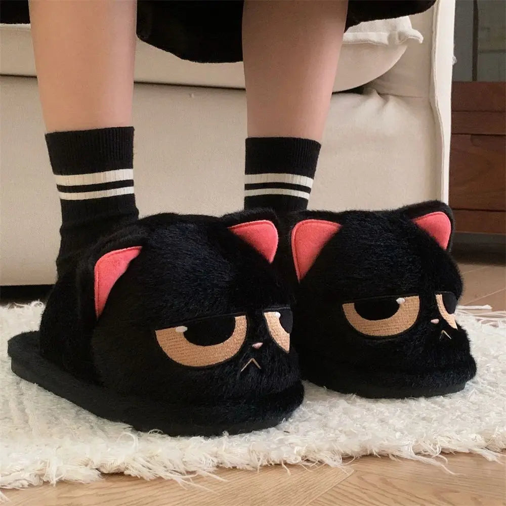 Cuddly Hug Cat Slippers Women Winter Home Fur Slides Kawaii Floor Shoes Furry Slippers Girl Kitty Mules Funny Cute Gift Slippers
