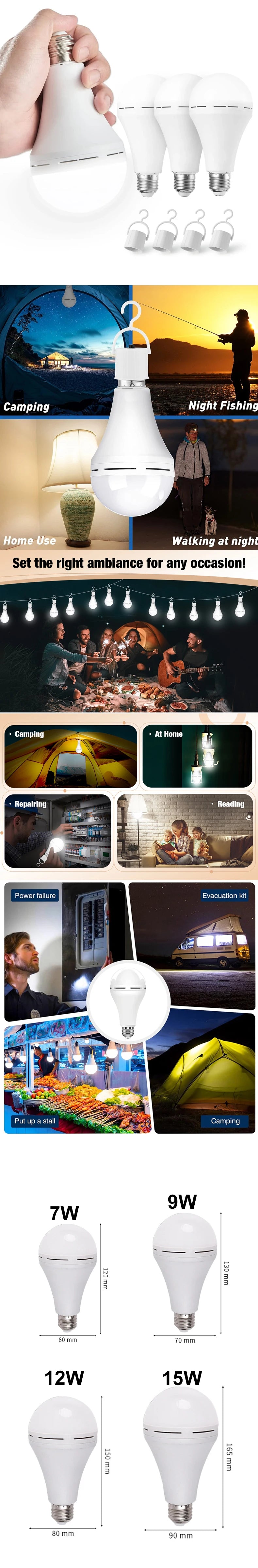 7W/9W/12W/15W Emergency Light Bulb LED Handheld Hanging Charging Energy-Saving Light Bulb Portable Household Tent Fishing Lamp
