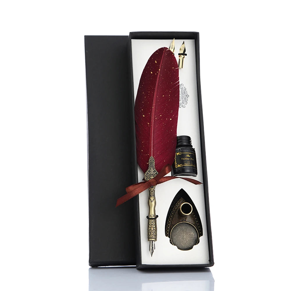 1 Set Retro Calligraphy Feather Dip Pen with 2 Nib Set Quill Fountain Writing Creative Vintage Stationery Gift Box no ink