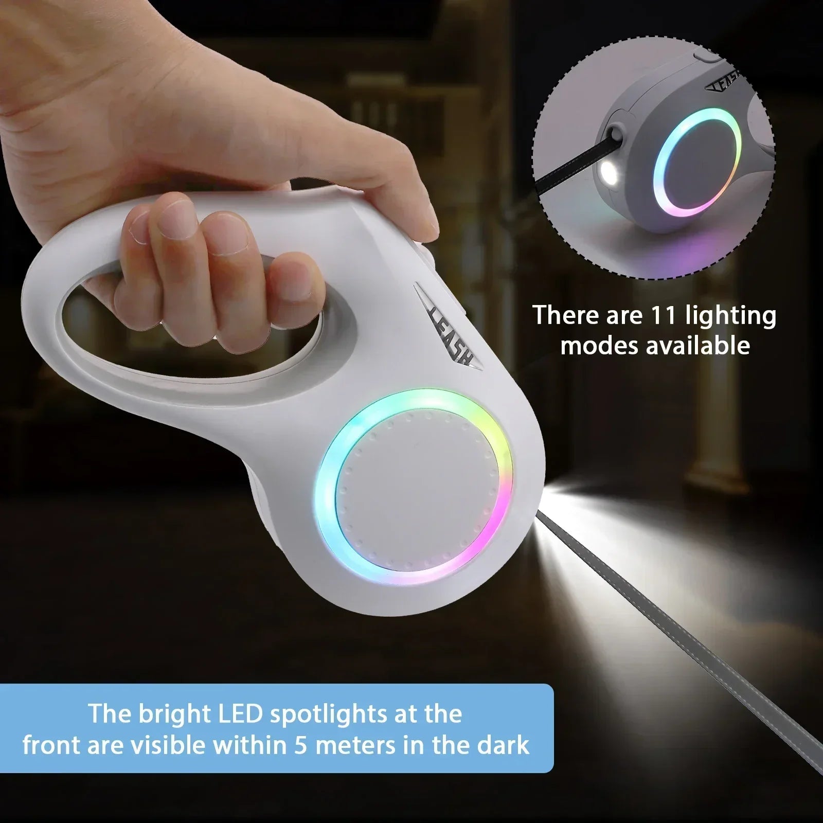 5m LED Flashlight Dog Leash Automatic Retractable Pet Luminous Straps Puppy Walking Night Outdoor Walking Non-Slip Handle