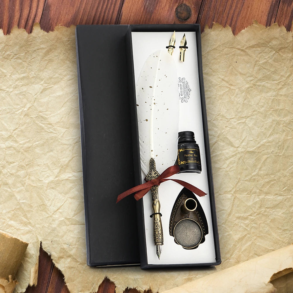 1 Set Retro Calligraphy Feather Dip Pen with 2 Nib Set Quill Fountain Writing Creative Vintage Stationery Gift Box no ink