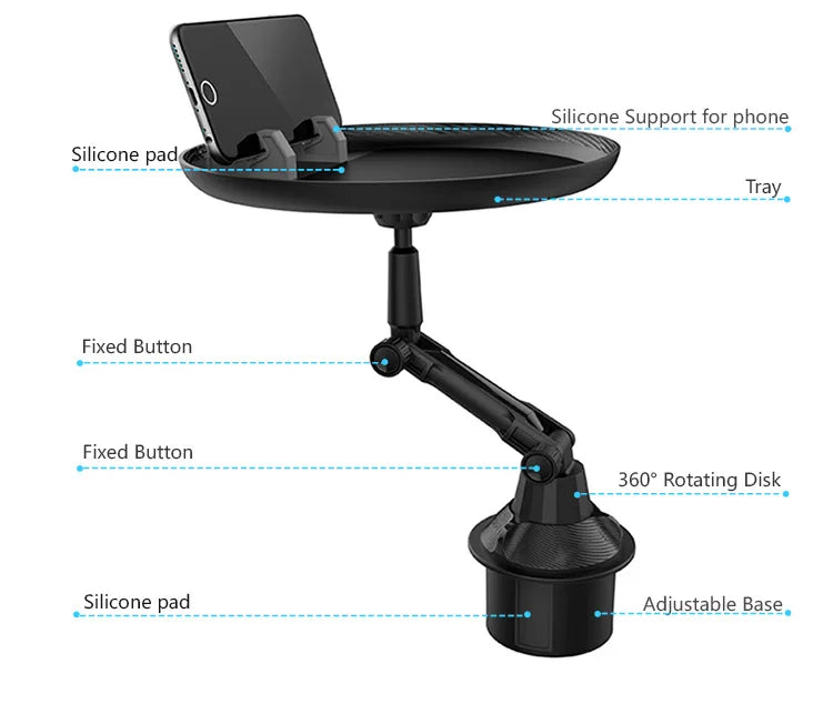 360° Adjustable Car Cup Holder Tray & Phone Mount Expander For Car, Portable Tray Table,Food Storage Rack, Coffee Table,