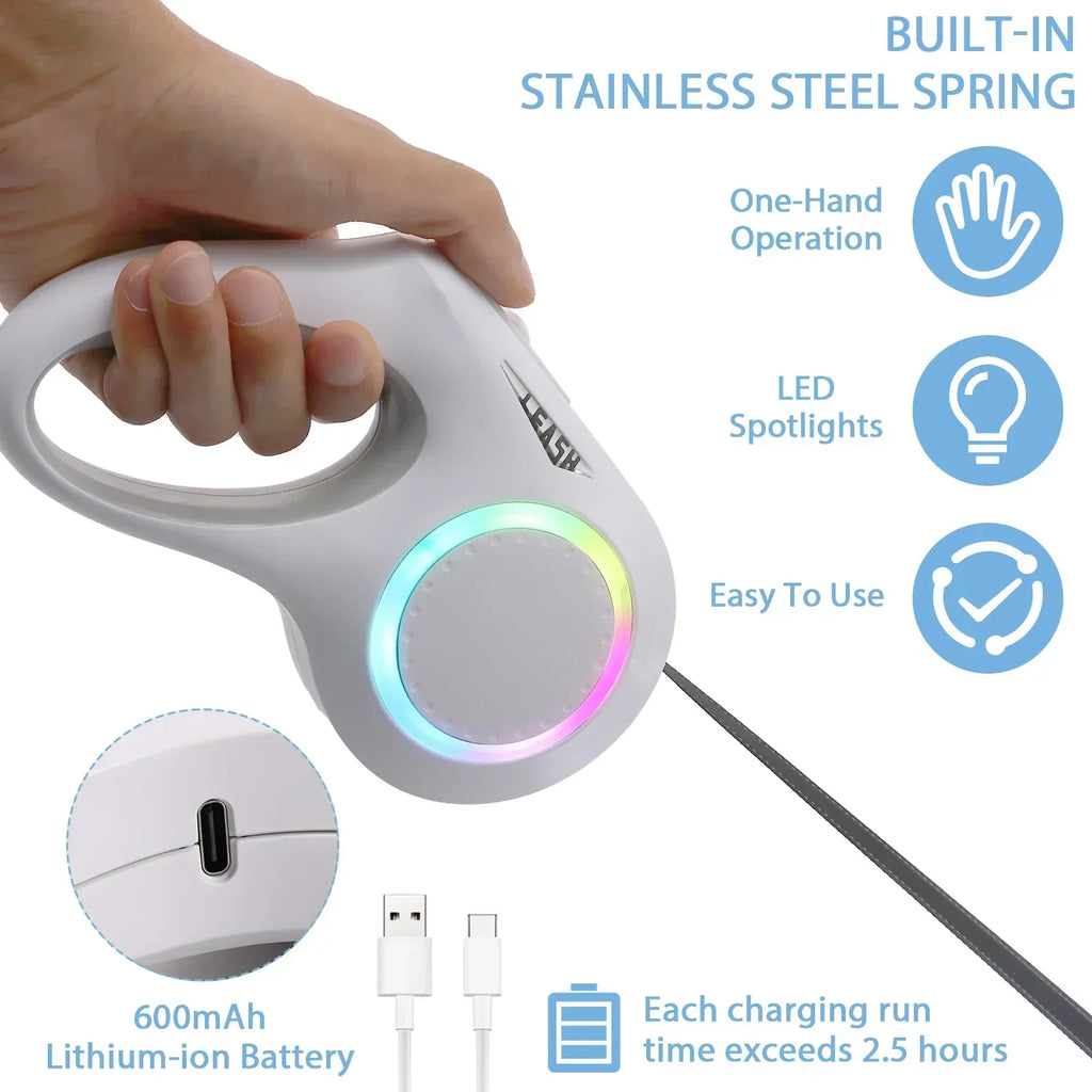 5m LED Flashlight Dog Leash Automatic Retractable Pet Luminous Straps Puppy Walking Night Outdoor Walking Non-Slip Handle