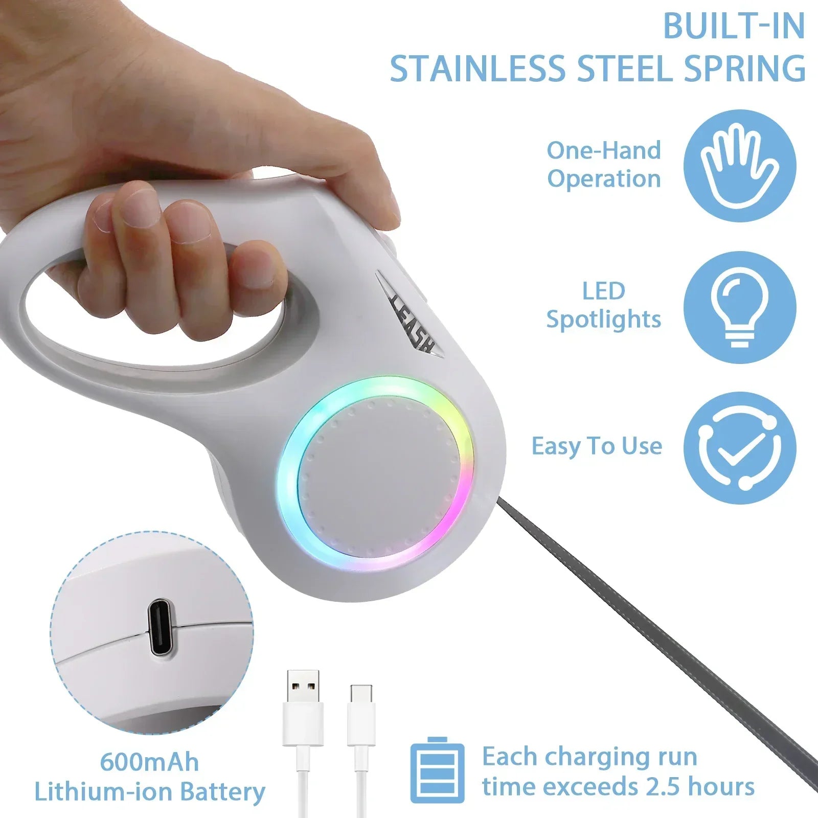 5m LED Flashlight Dog Leash Automatic Retractable Pet Luminous Straps Puppy Walking Night Outdoor Walking Non-Slip Handle